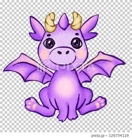 Cute cartoon purple baby dragon. Watercolor illustration of childish fairy dragon with wings, horns, ears and cat paws. Sitting pose with playful expression. Character for children products or books. Cute cartoon purple baby dragon. Watercolor illustration of childish fairy dragon with wings, horns, ears and cat paws. Sitting pose with playful expression. Character for children products or books. 126734129