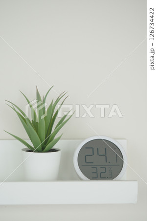Indoor plant and digital clock on a minimalist shelf 126734422