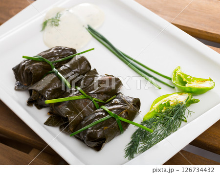 Stuffed grape leaves with assorted fillings 126734432