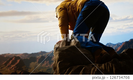 Careless climber distracted by his smartphone is tumbling on a mountain top, unequipped clumsy traveler dropping his phone due to his obsession with staying online. Foolish hike. Camera B. 126734708