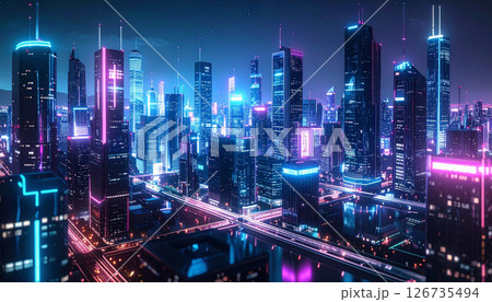ネオン輝く近未来のサイバーパンク都市 ネオン輝く近未来のサイバーパンク都市 126735494