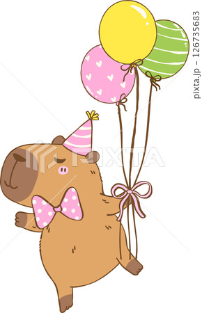 Kawaii Birthday Capybara Holding Balloons cartoon doodle 126735683
