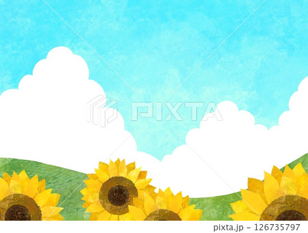 ひまわりと野山と入道雲と青空の夏イメージ風景イラスト 126735797