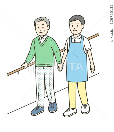 手すりを持ちながら笑顔で歩行訓練をする高齢男性と介護士のイラスト 126736133