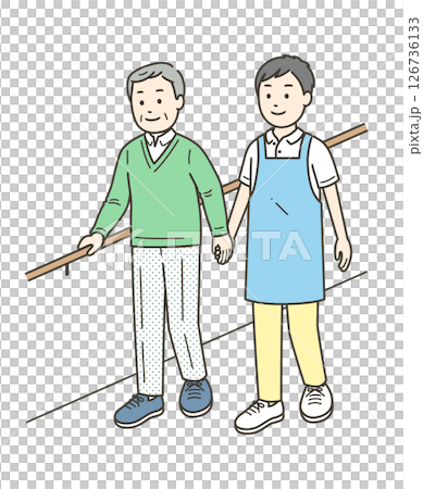 手すりを持ちながら笑顔で歩行訓練をする高齢男性と介護士のイラスト 126736133