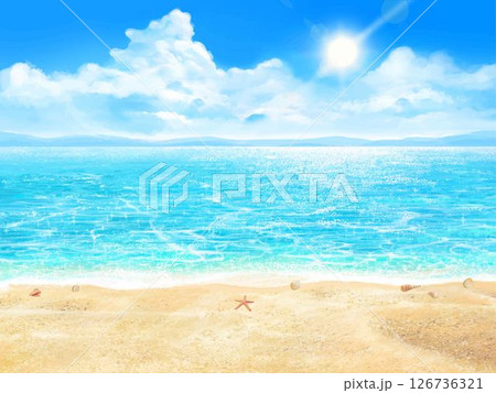 夏の砂浜と貝殻ー太陽と雲のある青い空と海の美しいリゾートビーチフレームイラスト背景素材 夏の砂浜と貝殻ー太陽と雲のある青い空と海の美しいリゾートビーチフレームイラスト背景素材 126736321