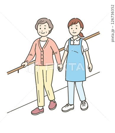 手すりを持ちながら笑顔で歩行訓練をする高齢女性と女性介護士のイラスト 126736352