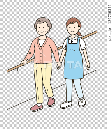 手すりを持ちながら笑顔で歩行訓練をする高齢女性と女性介護士のイラスト 126736352