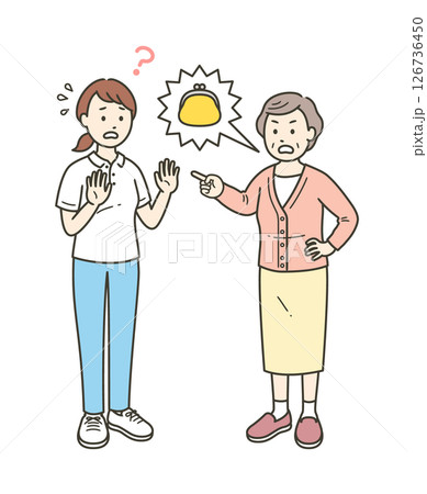 財布を盗まれたと妄想をして怒る高齢女性と戸惑う介護士女性のイラスト 財布を盗まれたと妄想をして怒る高齢女性と戸惑う介護士女性のイラスト 126736450