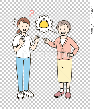 財布を盗まれたと妄想をして怒る高齢女性と戸惑う介護士女性のイラスト 財布を盗まれたと妄想をして怒る高齢女性と戸惑う介護士女性のイラスト 126736450