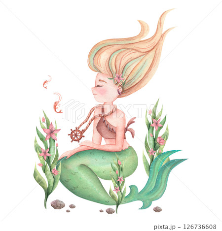 Watercolor mermaid with cute shrimps, seaweed in green, ready print. Illustration of children linen or kids textiles. Drawing for nursery wall. Watercolor mermaid with cute shrimps, seaweed in green, ready print. Illustration of children linen or kids textiles. Drawing for nursery wall. 126736608