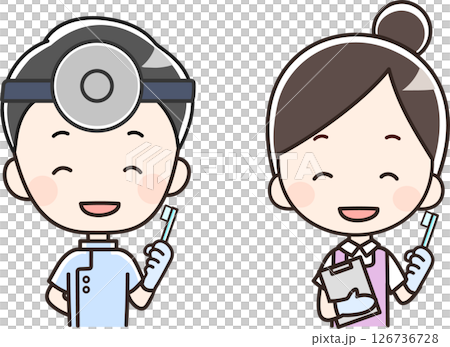 歯ブラシを持つ歯医者・歯科医師 ／ 歯科衛生士の上半身のイラスト 126736728