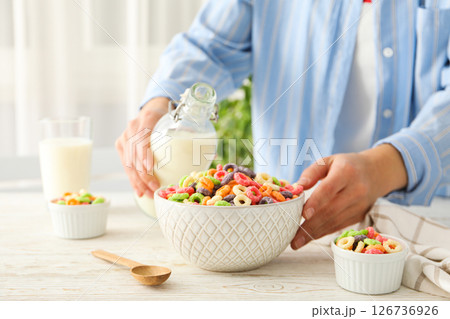 Colorful cornflakes, concept of tasty breakfast, morning food 126736926