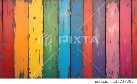 brightly painted wood planks with a red, yellow, green, and blue stripe, 126737303
