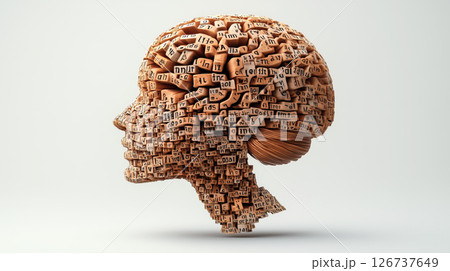 A human brain constructed entirely from letters of the alphabet and various texts. The concept of Idea, Knowledge, Creative, Language, and Intelligence. Generative AI. 126737649