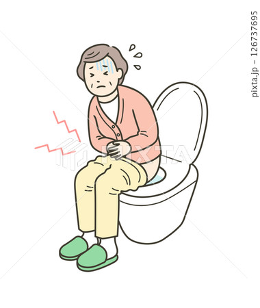 下痢や便秘による腹痛でトイレに篭り苦しむ高齢女性のイラスト 126737695