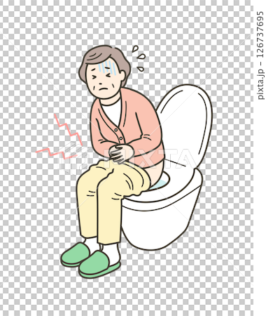 一名老年婦女因腹瀉或便秘而腹痛被困在廁所裡的插圖 126737695