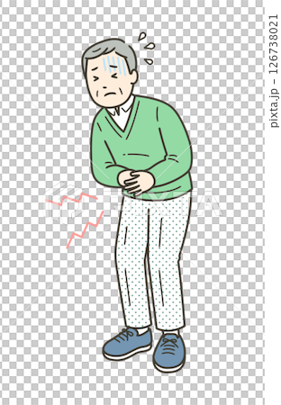 腹痛でお腹を押さえて苦しむ高齢男性のイラスト 腹痛でお腹を押さえて苦しむ高齢男性のイラスト 126738021