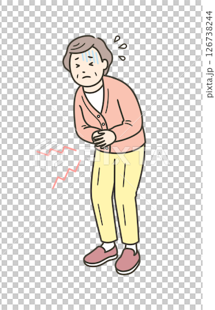 一位老年婦女因腹痛摀著肚子的插圖 126738244