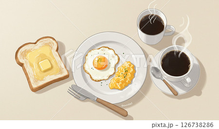 生成Ai画像トーストと目玉焼きとコーヒーのシンプルな朝食 126738286