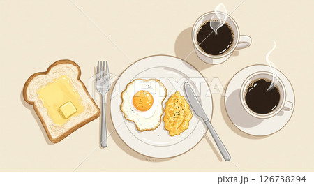 生成Ai画像木製テーブルに置かれた朝食・温かみのあるパンと卵とコーヒー 126738294