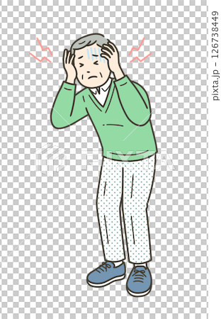 Illustration of an elderly man suffering from a headache and holding his head Illustration of an elderly man suffering from a headache and holding his head 126738449
