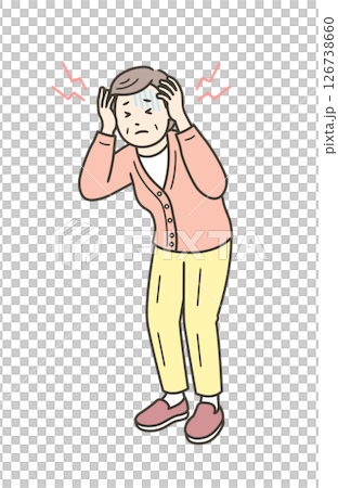 一位老年婦女頭痛並抱頭的插圖 126738660
