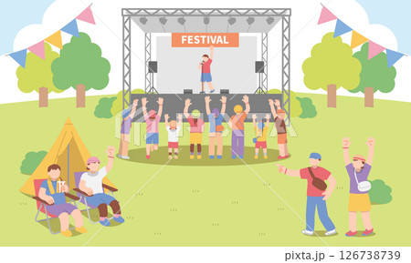 野外にステージを設置した夏フェスのイラスト 126738739