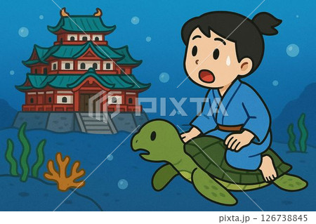 龍宮城の前に到着する浦島太郎 龍宮城の前に到着する浦島太郎 126738845