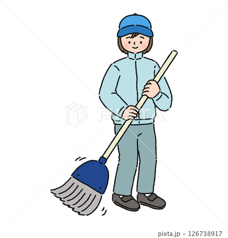 ほうきで掃き掃除をする女性 ほうきで掃き掃除をする女性 126738917