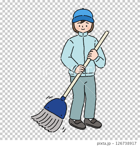 ほうきで掃き掃除をする女性 ほうきで掃き掃除をする女性 126738917