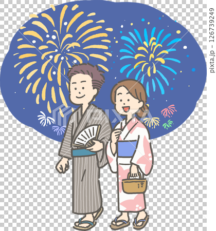 一對穿著浴衣的夫婦觀看煙火的插圖 126739249