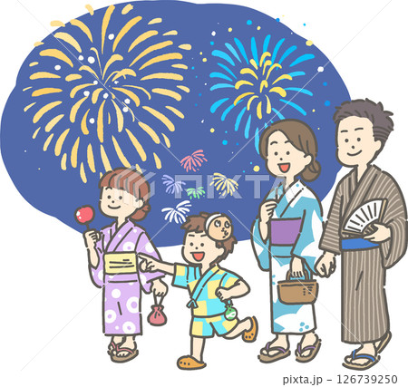 浴衣を着て花火を見る家族のイラスト 126739250