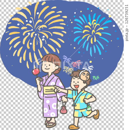 穿著浴衣的孩子觀看煙火的插圖 126739251