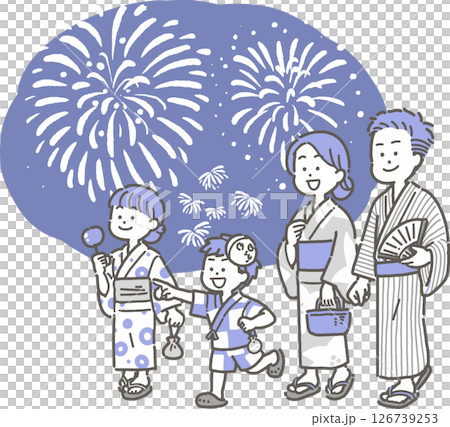 一家人穿著浴衣觀看煙火的插圖 126739253