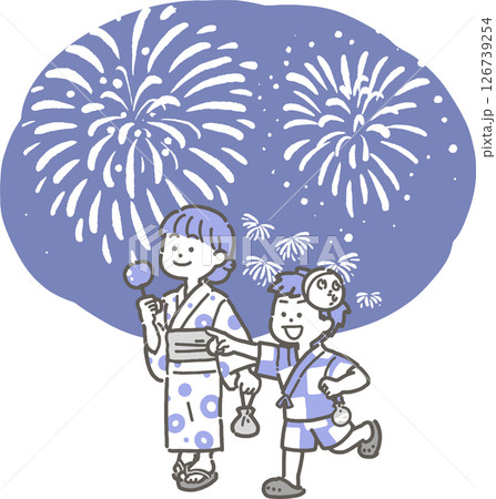 浴衣を着て花火を見る子供のイラスト 126739254