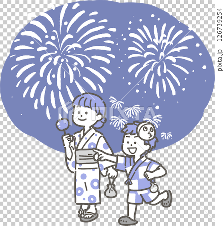 Illustration of a child wearing a yukata watching fireworks 126739254
