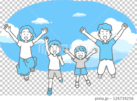 Illustration of a family of four jumping against a blue sky background Illustration of a family of four jumping against a blue sky background 126739256
