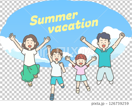 藍天背景下一家四口跳躍的插圖 126739259