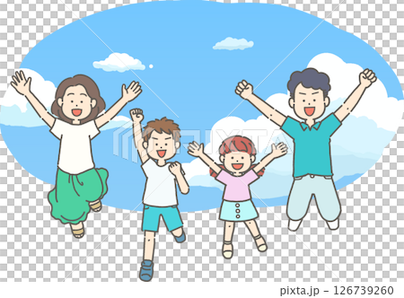 藍天背景下一家四口跳躍的插圖 126739260