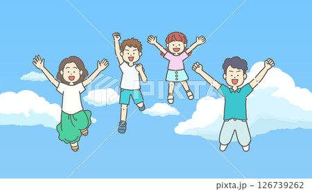 青空を背景にジャンプする4人家族のイラスト 青空を背景にジャンプする4人家族のイラスト 126739262