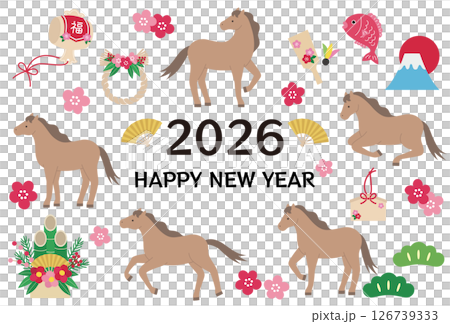 New Year's card template for the Year of the Horse 2026. Horse, cute, lucky charm, vector, horse New Year's card template for the Year of the Horse 2026. Horse, cute, lucky charm, vector, horse 126739333