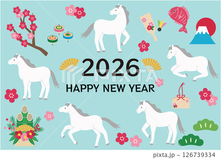 2026年午年の年賀状テンプレート。白馬、かわいい、縁起物、ベクター、うま 126739334