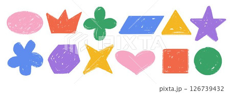 Colorful hand drawn crayon shape set. Bright charcoal doodle collection. Pastel pencil texture form pack for sticker, patch, badge, label. Childish sketch star, flower, hexagon, heart elements. Vector 126739432