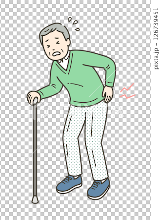 一名老人因背痛將手放在下背部的插圖 126739451