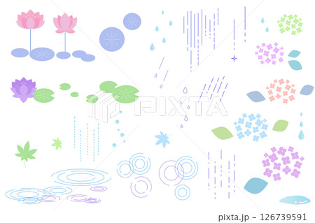 雨と花をイメージしたシンプルなあしらいのイラストセット 126739591