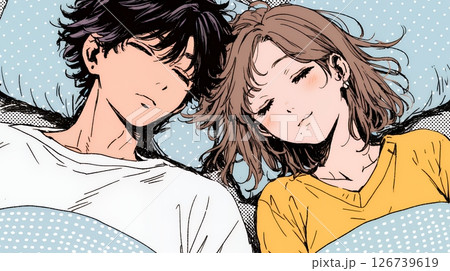 寄り添いながら穏やかに眠る若いカップル