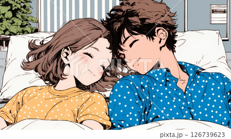 寄り添いながら穏やかに眠る若いカップル
