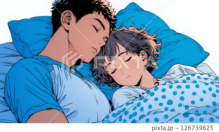 寄り添いながら穏やかに眠る若いカップル