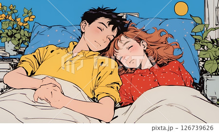 寄り添いながら穏やかに眠る若いカップル